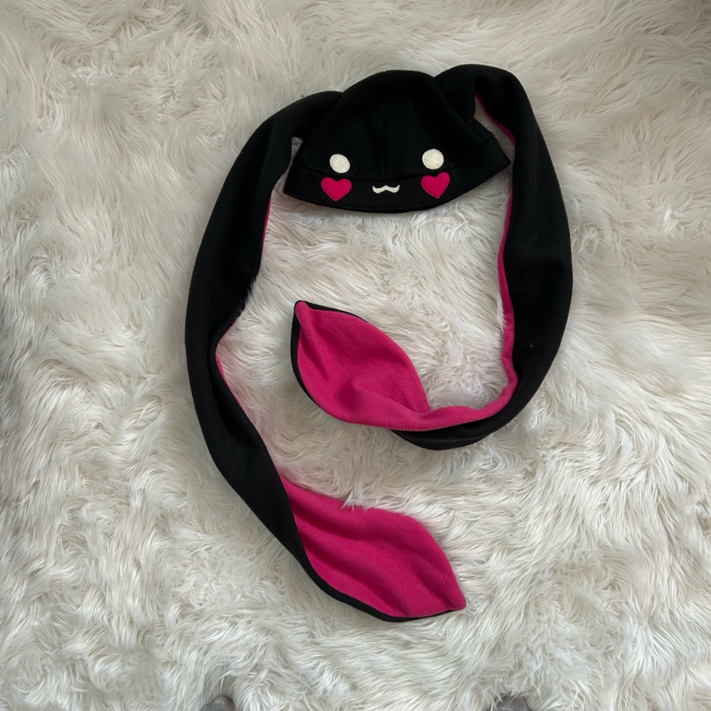 Cute Black and Pink long eared beanie hat handmade